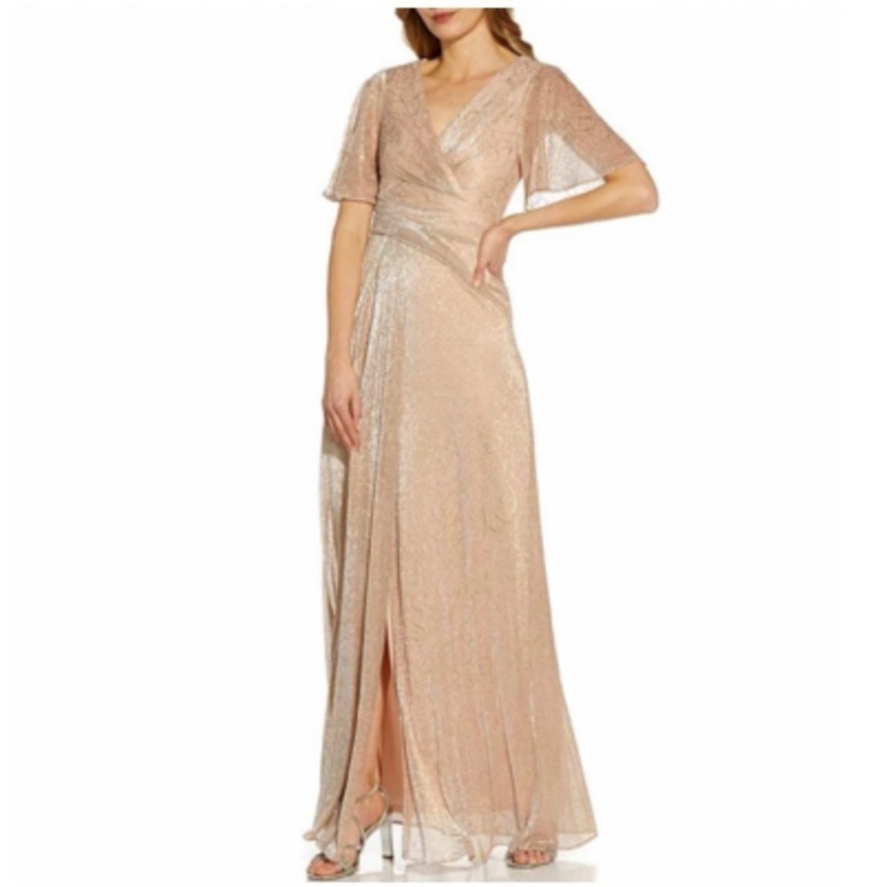 Adrianna Papell Floral Metallic Mesh Draped Gown in Rose Gold Size 6 - Picture 2 of 6